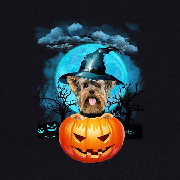 Yorkshire Terrier Witch Hat Pumpkin And Blue Moon Halloween by PlumleelaurineArt